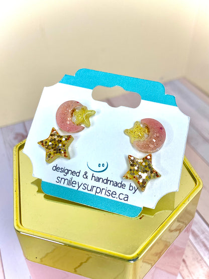 Handmade Resin Glitter Stud Earrings - Two pairs