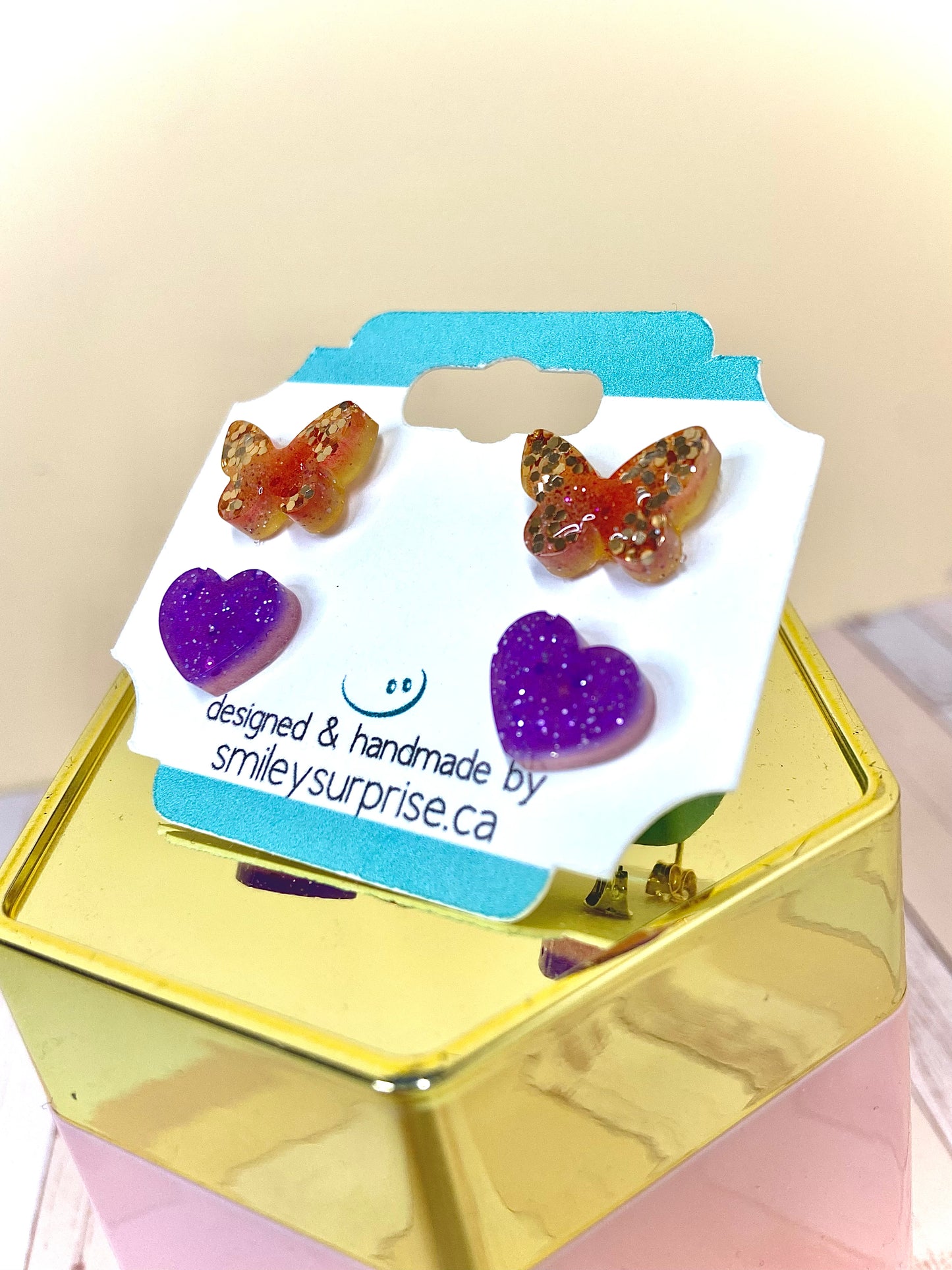 Handmade Resin Glitter Stud Earrings - Two pairs